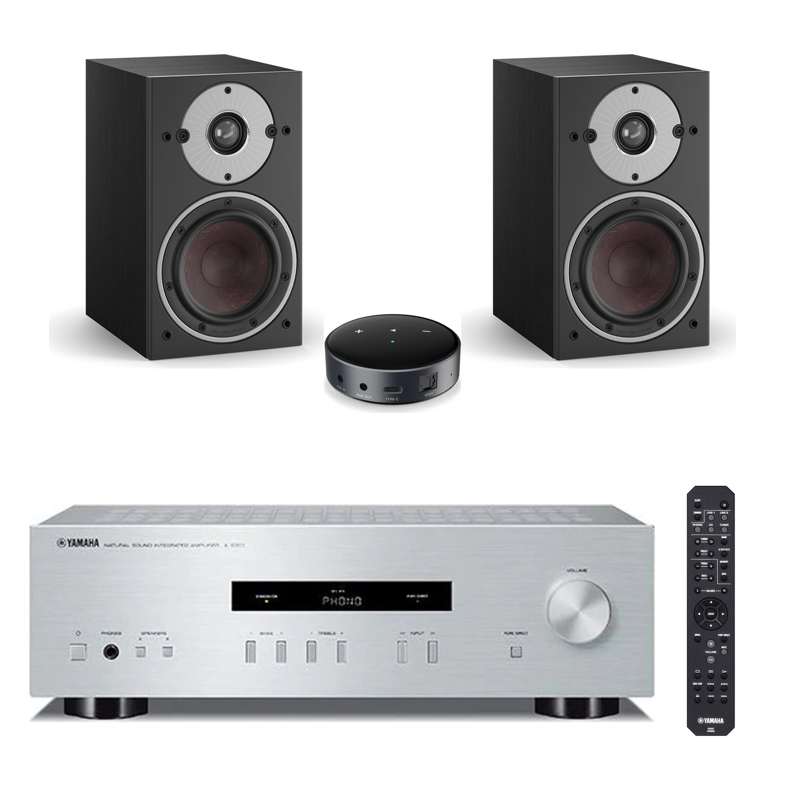 Yamaha A-S201 Srebrna + par DALI OBERON 1 Black + WiiM Mini